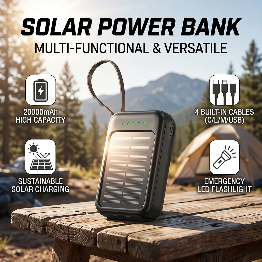Povew 20000mAh Solar Power Bank – Fast Outdoor Portable Charger with LED Light for All Smartphones
