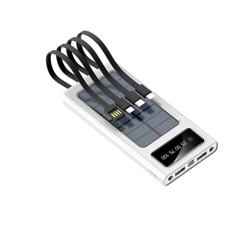 20000mAh Solar Power Bank – Portable External Battery with 4 Built-In Cables & LED Light