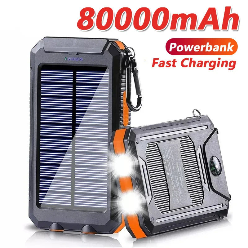 80000mAh Solar Power Bank – Portable Fast Charger with LED Light & Dual USB Ports
