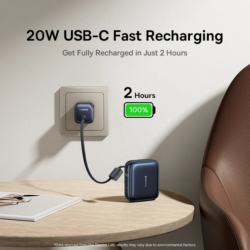 Baseus 45W Mini Power Bank 10000mAh – Pocket Fast Charger with Built-In USB-C Cable