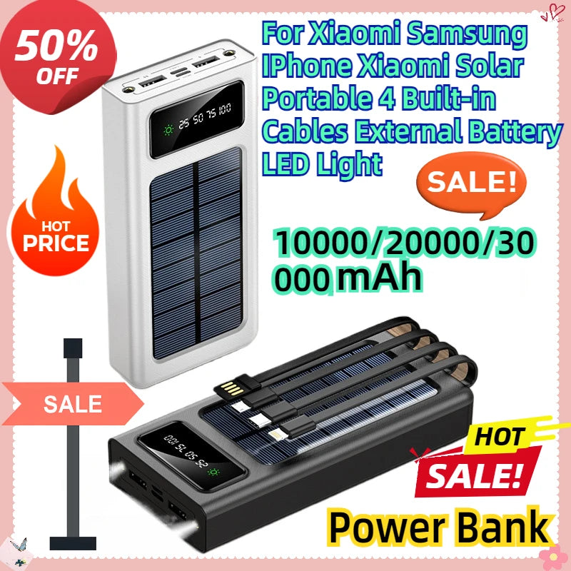 20000mAh Solar Power Bank – Portable External Battery with 4 Built-In Cables & LED Light