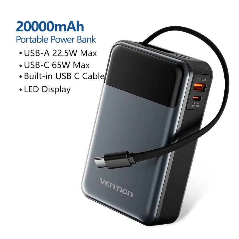 Vention 20000mAh Power Bank – 65W PD Fast Charging Portable Charger with Built-In USB-C Cable