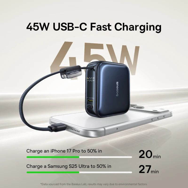 Baseus 45W Mini Power Bank 10000mAh – Pocket Fast Charger with Built-In USB-C Cable