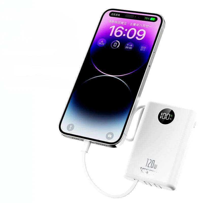 20000mAh 120W Super Fast Charge Ultra-Thin Power Bank – Built-In Cablev