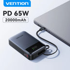 Vention 20000mAh Power Bank – 65W PD Fast Charging Portable Charger with Built-In USB-C Cable